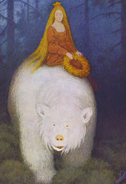 Illustration of a white bear with princess riding on its back